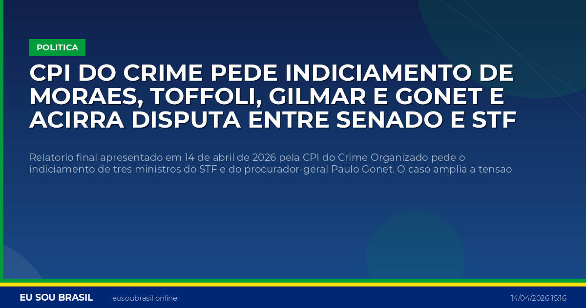 CPI do Crime pede indiciamento de Moraes, Toffoli, Gilmar e Gonet e acirra disputa entre Senado e STF
