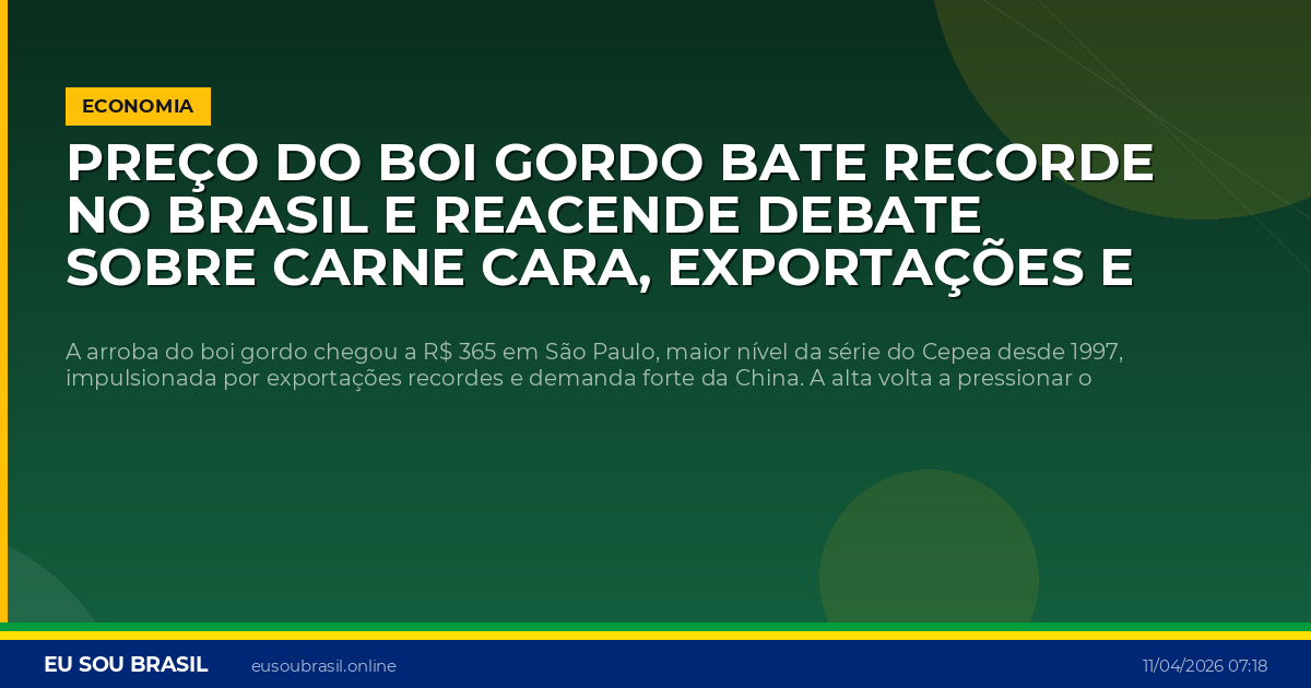 Preço do boi gordo bate recorde no Brasil e reacende debate sobre carne cara, exportações e inflação